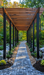 A walkway with a wooden trellis and a stone path. The trellis is made of wood and has a black metal frame. The path is made of bricks and stones. The walkway is surrounded by trees and bushes