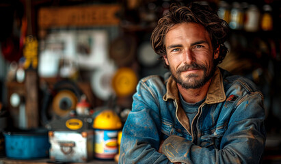 Obraz premium A man with a beard and a blue jacket is posing for a picture. He is surrounded by various items, including a yellow bucket and a red and black toolbox. The scene has a casual and relaxed vibe