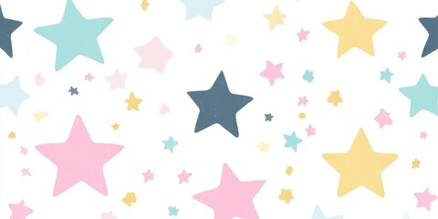 Cute stars, pastel rainbow colors, simple shapes, illustration, seamless pattern on a white background.