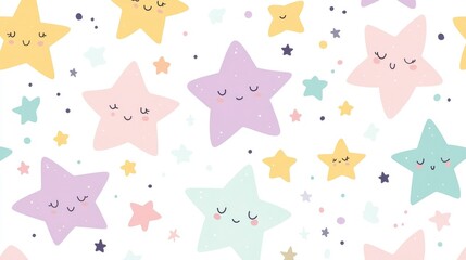 Cute stars, pastel rainbow colors, simple shapes, illustration, seamless pattern on a white background.