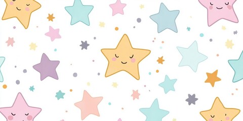Cute stars, pastel rainbow colors, simple shapes, illustration, seamless pattern on a white background.