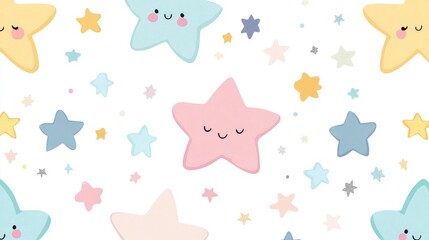 Cute stars, pastel rainbow colors, simple shapes, illustration, seamless pattern on a white background.