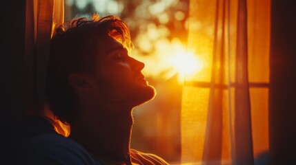 Man Relaxing by Window in Warm Sunrise Light