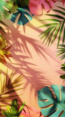 Colourful palm tree leaves background with copy space for text. Floral pattern wallpaper with shadows from shining sun