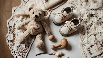A teddy bear and a pair of baby shoes are on a white cloth