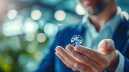 A well-dressed businessman holds a sparkling crystal in his hand. The modern, blurred background suggests an indoor environment, with bokeh lights enhancing the gemstone