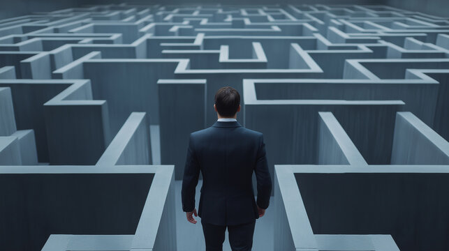 Young businessman contemplating how to navigate a maze of business obstacles. Isolated illustration on a white background. - Powered by Adobe