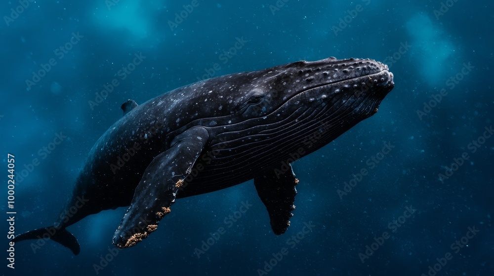 Poster  A humpback whale swims in the ocean, its head breaking the water's surface