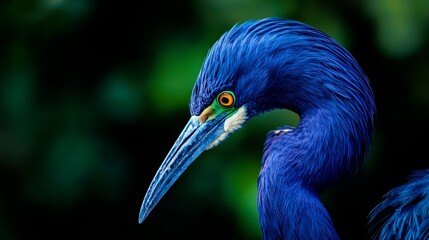 Naklejka premium Close-up of a blue bird with extended neck and bill, featuring a bright orange eye on a black background