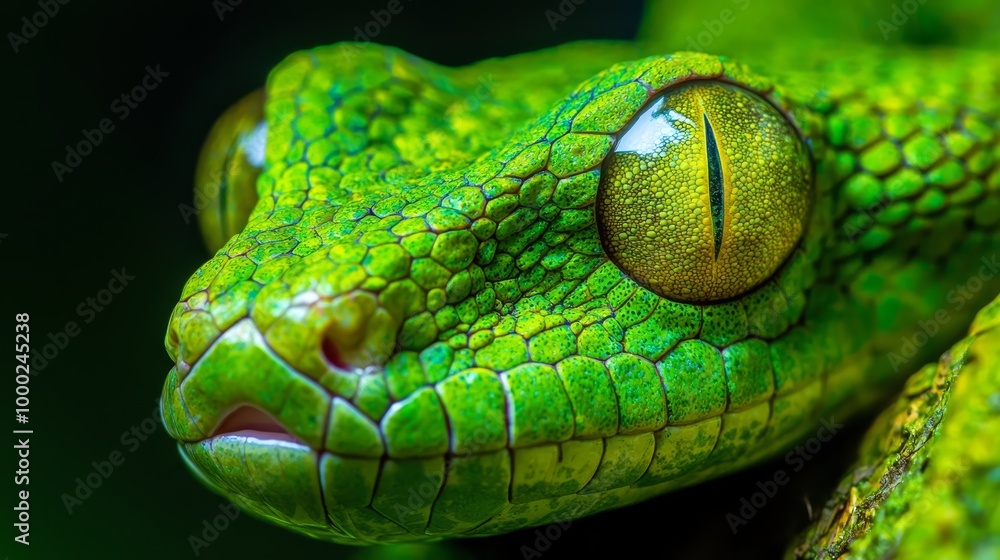 Wall mural  A tight shot of a green snake's face showcases a vivid yellow marking on one of its eyes