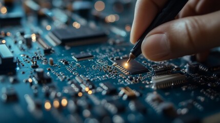 Naklejka premium Close-up of Technician Repairing Circuit Board