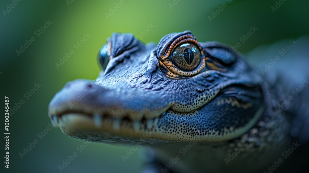 Canvas Prints  A tight shot of a small alligator's expressive face against a softly blurred backdrop of grass and trees