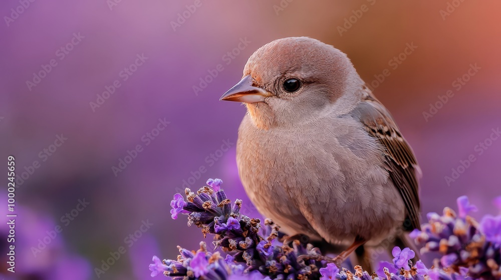 Sticker  A small bird perches atop a purple bloom-laden plant, surrounded by numerous purple flowers