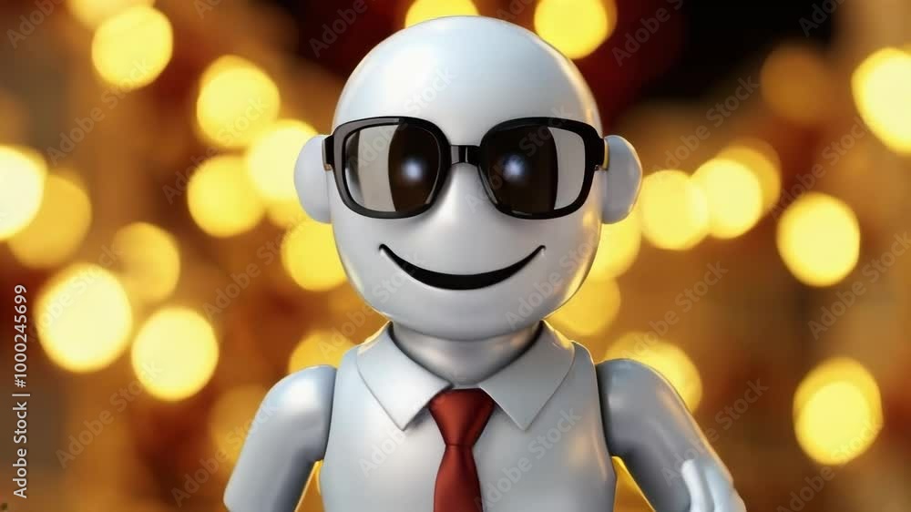 Poster a cheerful 3d-animated robot in sunglasses and a tie smiling. the background is a soft blur of warm 