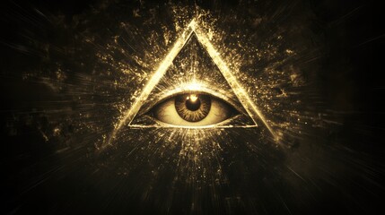 Eye of Providence on black background. Shining golden all-seeing God's eye in triangle. Illuminati and Freemasons symbol