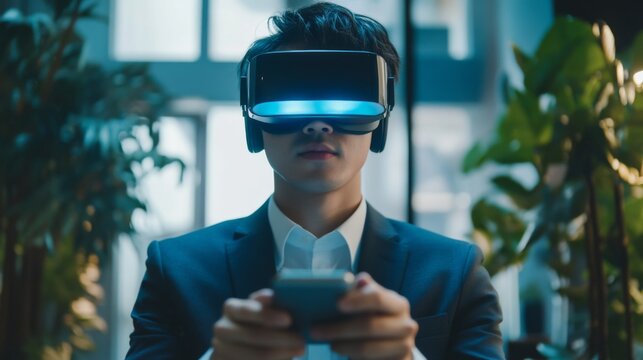 Businessman Experiencing Virtual Reality in Modern Office