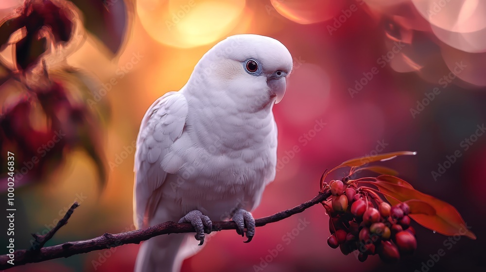 Canvas Prints  A white parrot perched on a tree branch, adjacent to a cluster of berries Background features indistinct lights