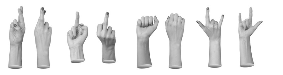 Hands gestures set, different finger signs, isolated on white background