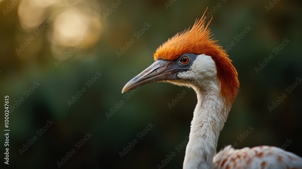 Sticker  A tight shot of a red-crested bird with a white body, long neck, and orange feathers