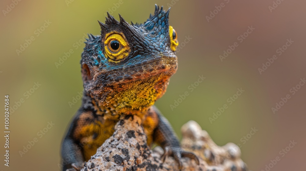 Poster a tight shot of a lizard's head, featuring a yellow-and-blue striped pattern at its backend