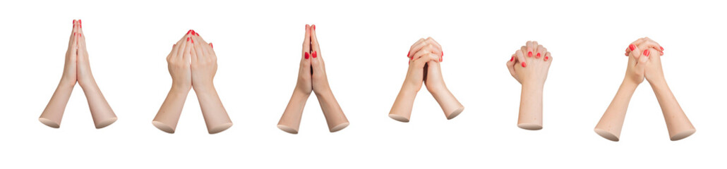 Intertwined entwined fingers and praying palms together, hand gestures, signs set, isolated on...