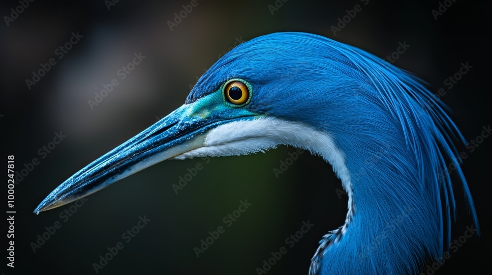 Wall mural  A tight shot of a blue bird with an elongated neck and beak against a black backdrop