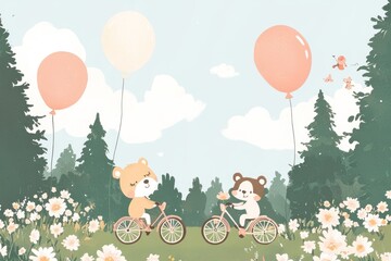 Two Cartoon Bears Riding Bicycles in a Summer Meadow