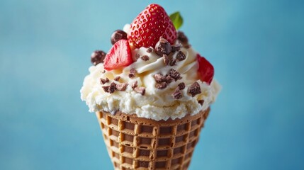 Ice Cream Cone with Strawberries and Chocolate Topping