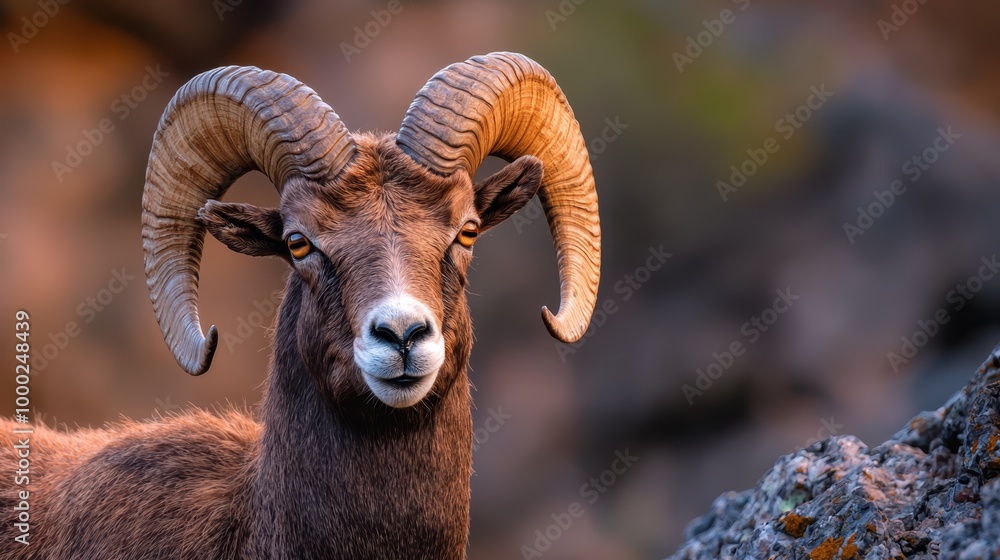 Sticker  A tight shot of a ram's head atop a rocky outcropping, surrounded by trees in the backdrop