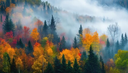 Misty Autumn Forest with Colorful Trees and Fog