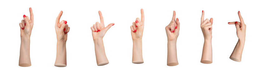 Index finger, red nails, pointing up, hand sign, pointer, forefinger indicating, showing. Isolated on white background, set