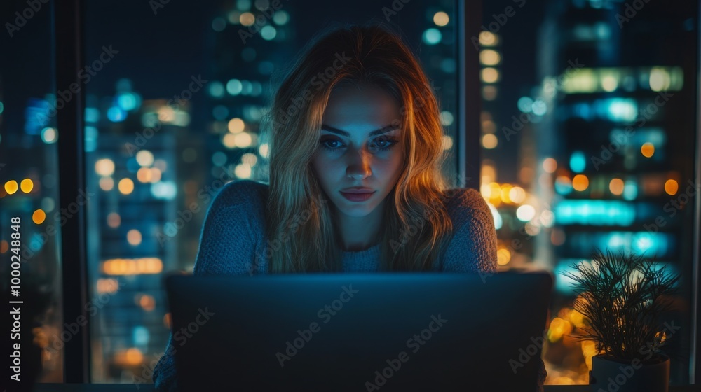 Canvas Prints Young woman working late at night with laptop