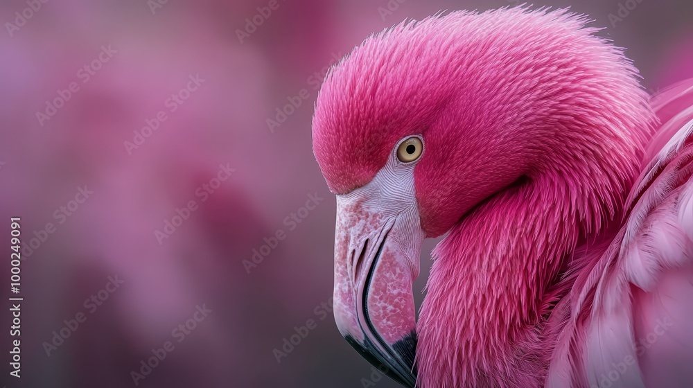 Sticker  A tight shot of a pink flamingo's head and neck against a softly blurred backdrop