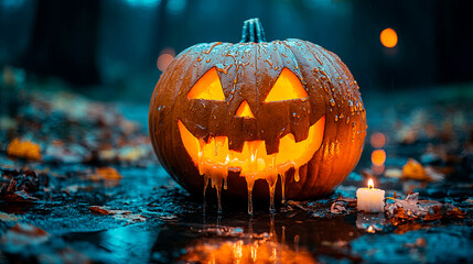 Pumpkins And Zombies In Graveyard With Wooden Board. Generative AI