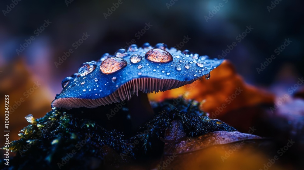 Sticker a tight shot of a blue mushroom, adorned with pearls of water on its cap and crown