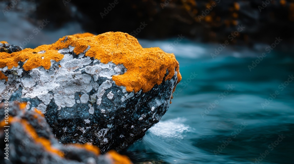 Sticker  Close-up of a rock submerged in water, featuring orange and white algae growth