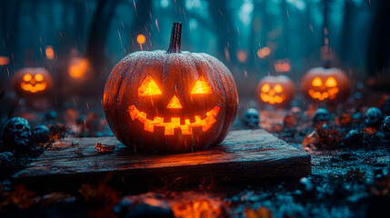Pumpkins And Zombies In Graveyard With Wooden Board. Generative AI