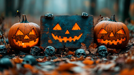 Pumpkins And Zombies In Graveyard With Wooden Board. Generative AI