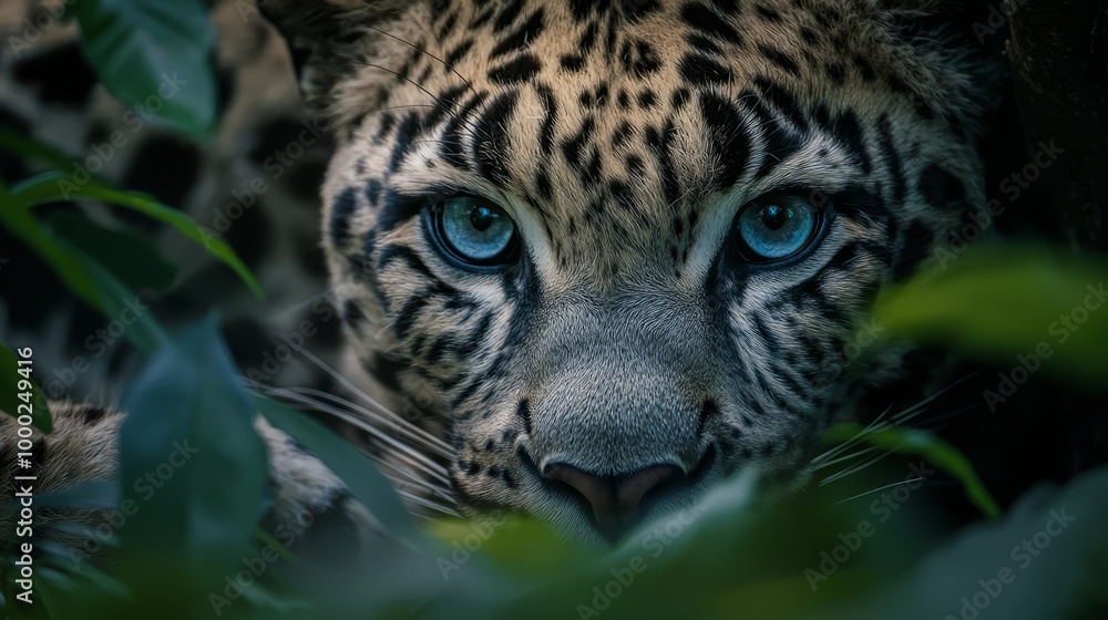 Poster  A tight shot of a leopard's face, its blue eyes contrasting a nearby green, leafy foreground