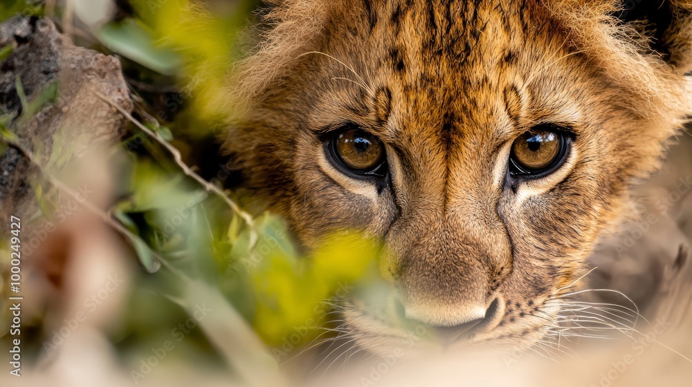 Sticker  A tight shot of a cheetah's expression as it gazes through tree leaves