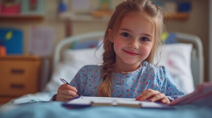 Happy Child Drawing in Hospital Bed