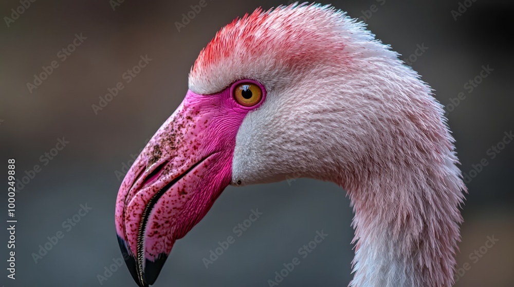 Sticker  Close-up of a flamingo's head against a black backdrop, featuring its distinctive pink and white beak