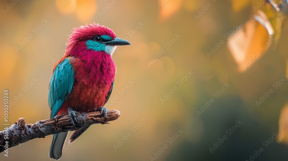 Poster  A vibrant bird perches atop a distinct tree branch against a hazy backdrop of foliage, leaves, and intermingling branches