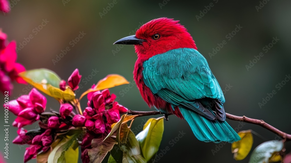 Poster  A red and blue bird perches on a tree branch, surrounded by pink flowers Background softly blurred