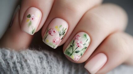 Naklejka premium Elegant floral watercolor nail art for spring fashion and beauty inspiration