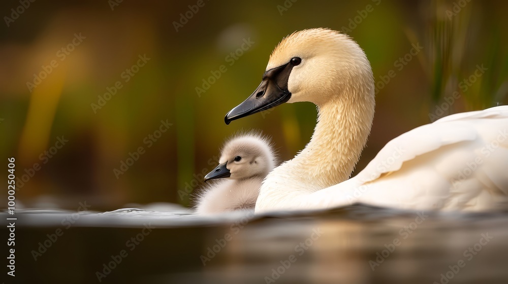 Poster  A mother swan and her ducklings swim in a pond surrounded by tall grass in the background