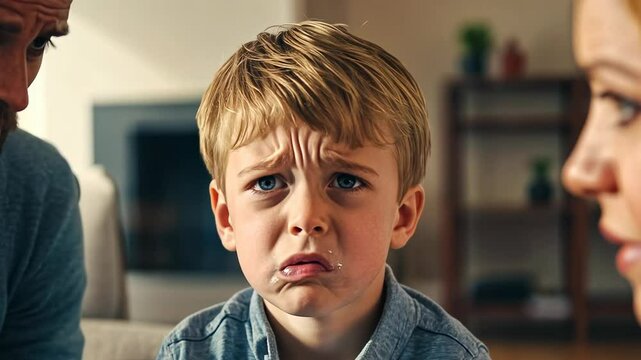A young caucasian boy, around 5 years old, listens intently to his parents having a serious conversation in a cozy living room. His expression is concerned, reflecting the tense mood.