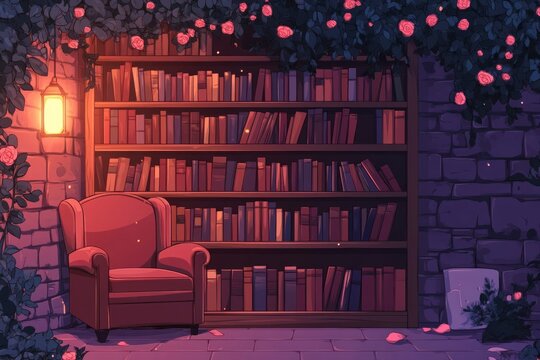 A Cozy Reading Nook with Bookshelves, a Chair, and Roses