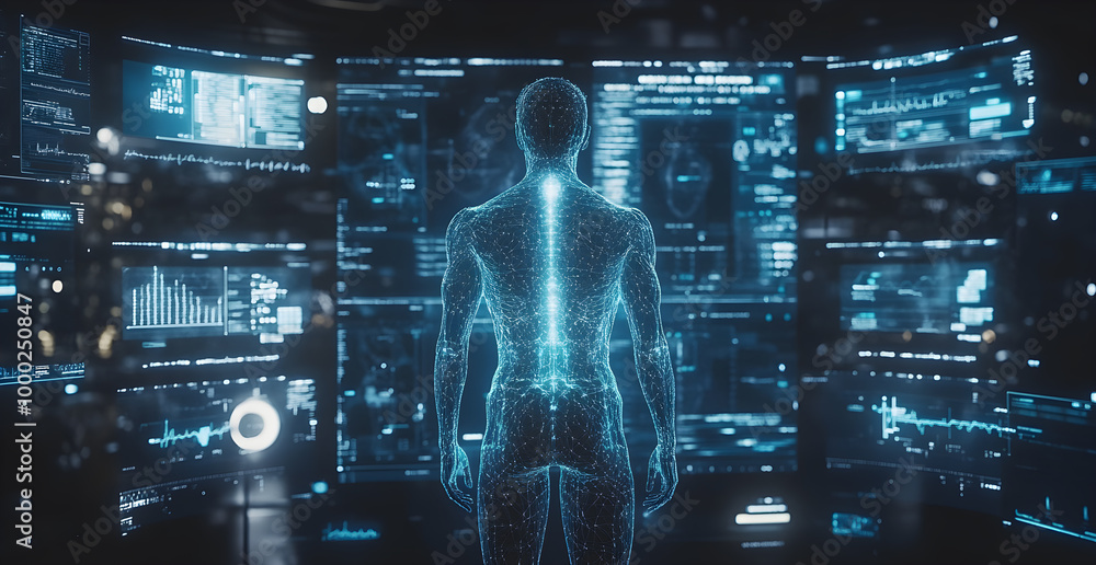 Poster a man is standing in front of a computer monitor with a blue screen