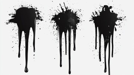 "Black Paint Drips Three Splashes Isolated on White Background"